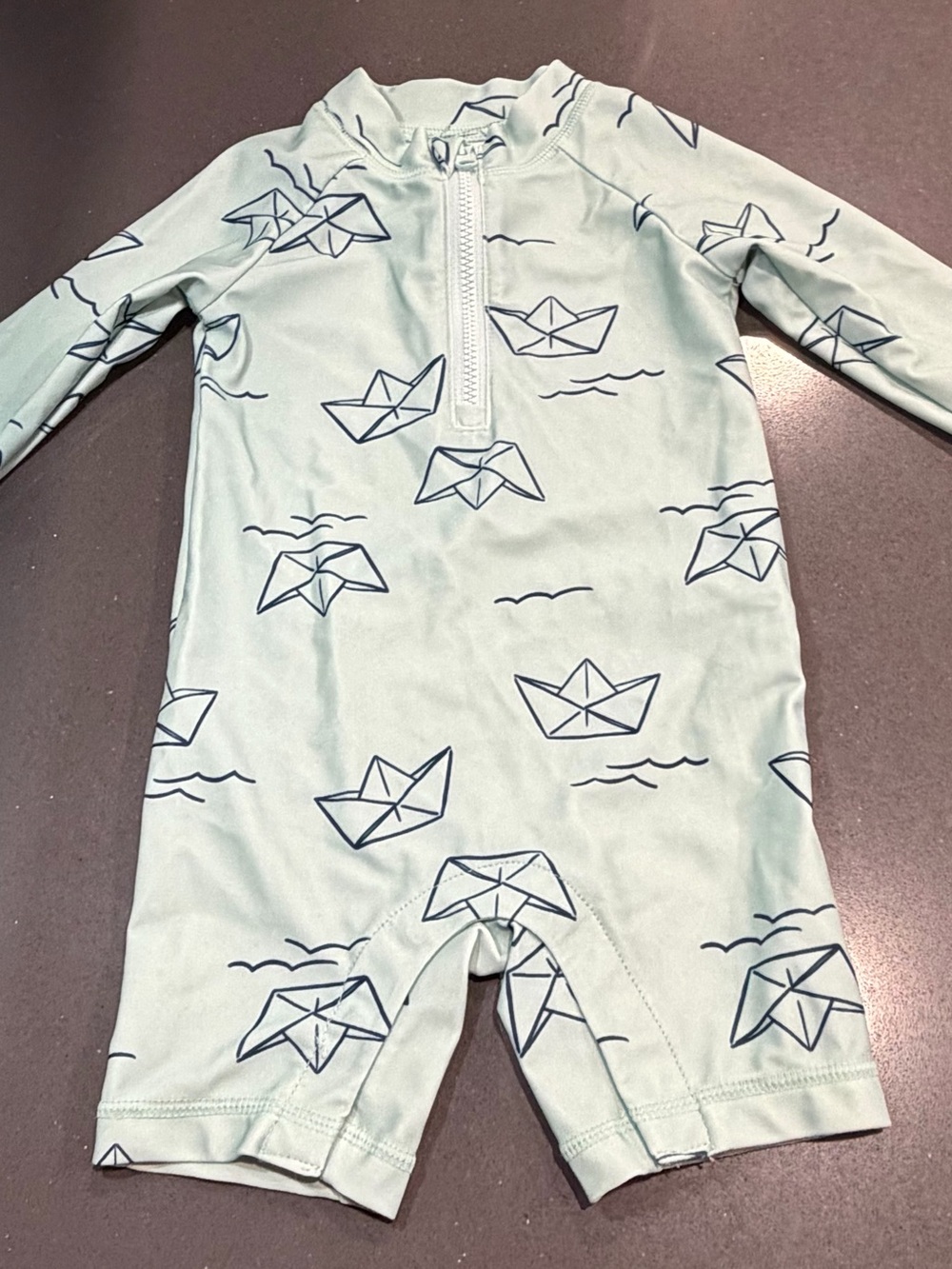 Carter's Mint Green Long-Sleeve One-Piece Swimsuit with Navy Boat Print